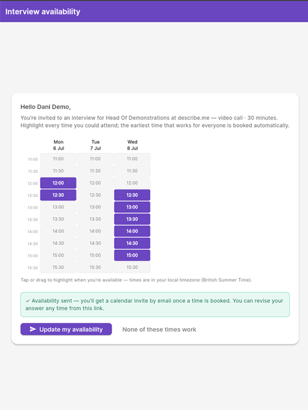 describe.me Smart Scheduling &mdash; the interview booked automatically at the earliest time that works for everyone, with a calendar invite sent to each participant