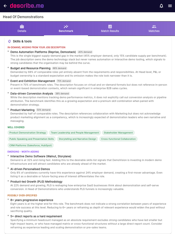 describe.me Role & Salary Benchmarking &mdash; salary positioning showing the job's range against the market band, percentile and a concrete suggestion