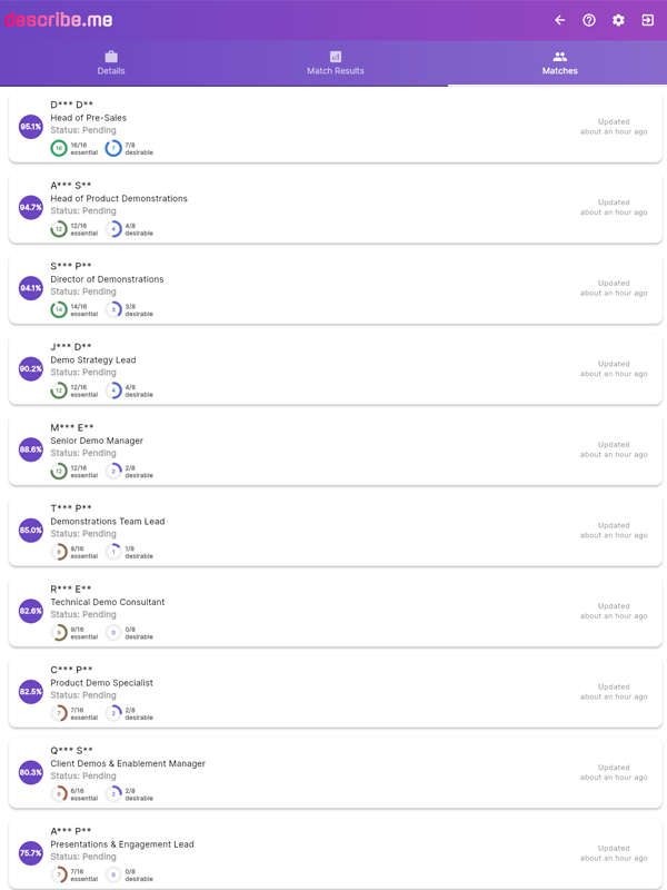 describe.me Smart Matching &mdash; AI-powered candidate ranking with match scores and skills analysis, replacing traditional keyword search