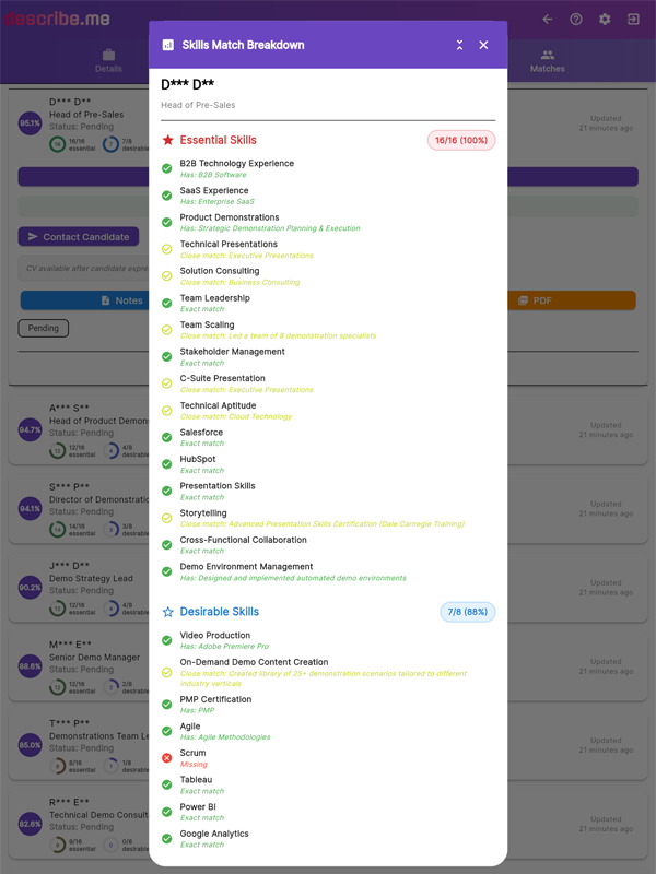 describe.me Smart Matching &mdash; detailed skills match breakdown showing essential and desirable skill matches