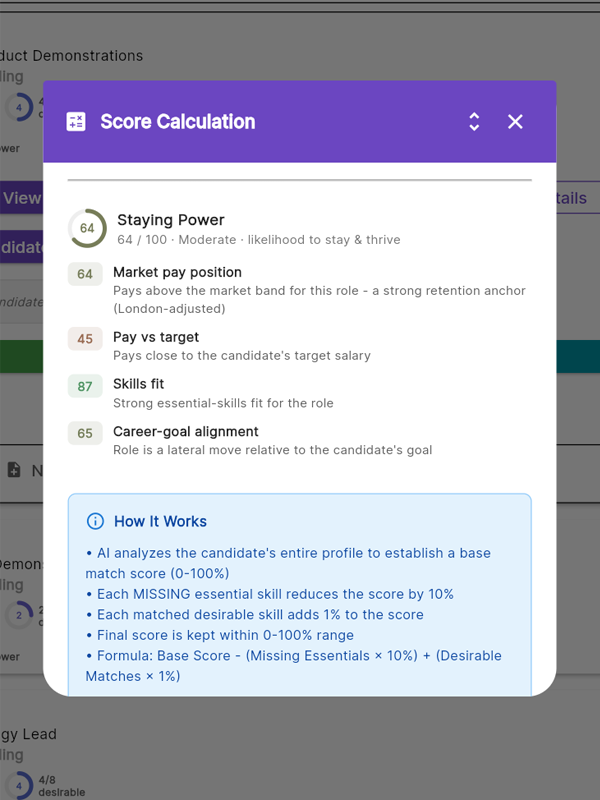 describe.me Staying Power &mdash; factor breakdown showing each of the four contributing factors with a sub-score and a short plain-English reason